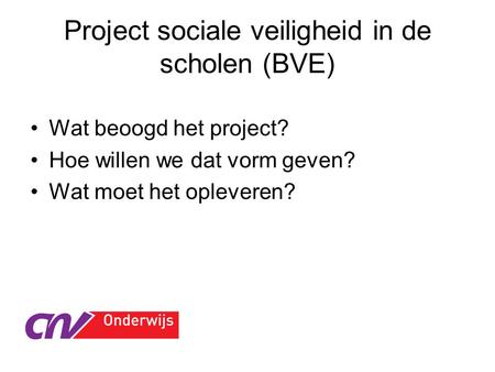 Project sociale veiligheid in de scholen (BVE) Wat beoogd het project? Hoe willen we dat vorm geven? Wat moet het opleveren?