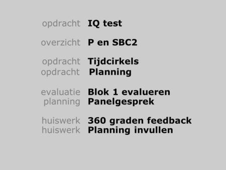 OpdrachtIQ test overzichtP en SBC2 opdrachtTijdcirkels opdracht Planning evaluatieBlok 1 evalueren planningPanelgesprek huiswerk360 graden feedback huiswerkPlanning.