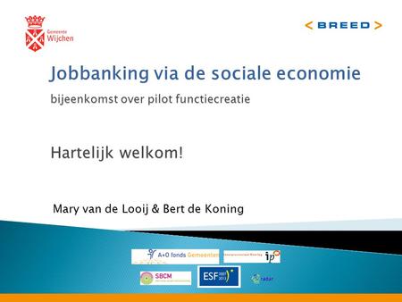 Bijeenkomst over pilot functiecreatie Jobbanking via de sociale economie bijeenkomst over pilot functiecreatie Hartelijk welkom! Mary van de Looij & Bert.