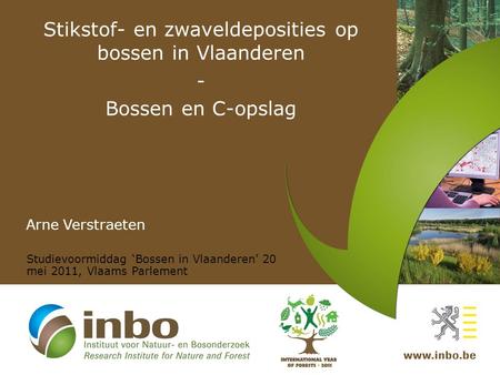 Stikstof- en zwaveldeposities op bossen in Vlaanderen - Bossen en C-opslag Arne Verstraeten Studievoormiddag ‘Bossen in Vlaanderen’ 20 mei 2011, Vlaams.