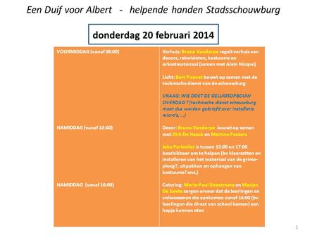 Een Duif voor Albert - helpende handen Stadsschouwburg donderdag 20 februari 2014 VOORMIDDAG (vanaf 08:00) NAMIDDAG (vanaf 13:00) NAMIDDAG (vanaf 16:00)