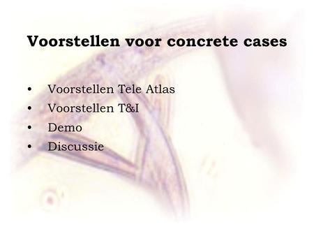 Voorstellen voor concrete cases •Voorstellen Tele Atlas •Voorstellen T&I •Demo •Discussie.
