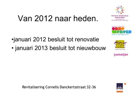 Revitalisering Cornelis Danckertsstraat 32-36 Van 2012 naar heden. •januari 2012 besluit tot renovatie • januari 2013 besluit tot nieuwbouw.