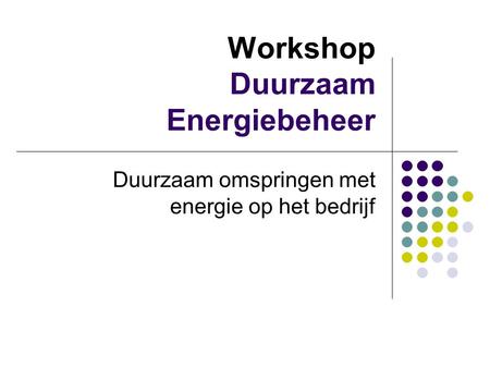 Workshop Duurzaam Energiebeheer Duurzaam omspringen met energie op het bedrijf.