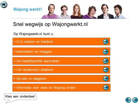 Snel wegwijs op Wajongwerkt.nl > Cv’s zoeken en bekijken > Aanmelden en inloggen > Op een cv reageren > Uw bedrijfsprofiel aanmaken > Informatie over werk.