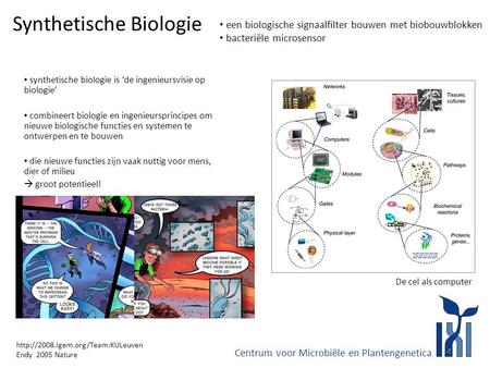 Synthetische Biologie  Endy 2005 Nature • synthetische biologie is ‘de ingenieursvisie op biologie’ • combineert biologie.