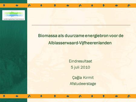 Biomassa als duurzame energiebron voor de Alblasserwaard-Vijfheerenlanden Eindresultaat 5 juli 2010 Çağla Kirmit Afstudeerstage.