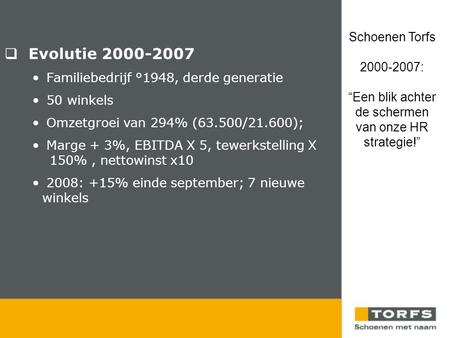  Evolutie 2000-2007 • Familiebedrijf °1948, derde generatie • 50 winkels • Omzetgroei van 294% (63.500/21.600); • Marge + 3%, EBITDA X 5, tewerkstelling.