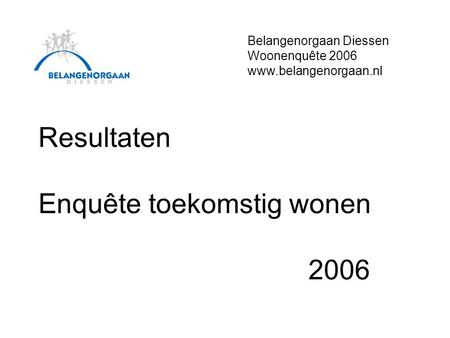 Resultaten Enquête toekomstig wonen 2006 Belangenorgaan Diessen Woonenquête 2006 www.belangenorgaan.nl.