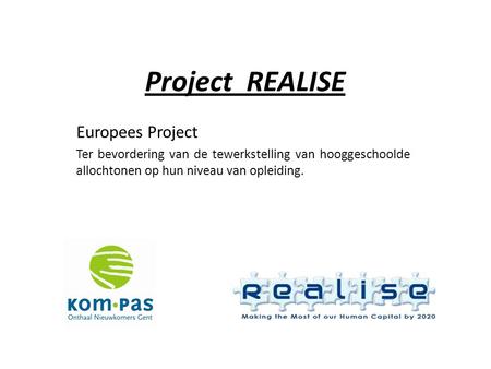 Project REALISE Europees Project Ter bevordering van de tewerkstelling van hooggeschoolde allochtonen op hun niveau van opleiding.