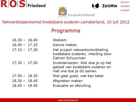 Netwerkbijeenkomst Kwetsbare ouderen Lemsterland, 10 juli 2012 Programma 16.30 – 16.40 Welkom 16.40 – 17.10 Kennis maken 17.10 – 17.30 Het project netwerkontwikkeling.