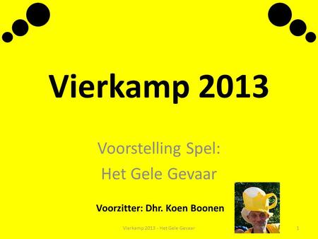 Vierkamp 2013 Voorstelling Spel: Het Gele Gevaar Voorzitter: Dhr. Koen Boonen Vierkamp 2013 - Het Gele Gevaar1.