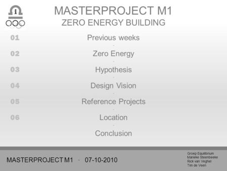 MASTERPROJECT M1 · 07-10-2010 Groep Equilibrium Marieke Steenbeeke Rick van Veghel Tim de Veen MASTERPROJECT M1 ZERO ENERGY BUILDING Previous weeks · Zero.