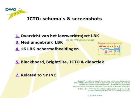 © IOWO 2004 1.1. Overzicht van het leerwerktraject LBK 3.3. Mediumgebruik LBK 4.4. 16 LBK-schermafbeeldingen 5.5. Blackboard, BrightSite, ICTO & didactiek.