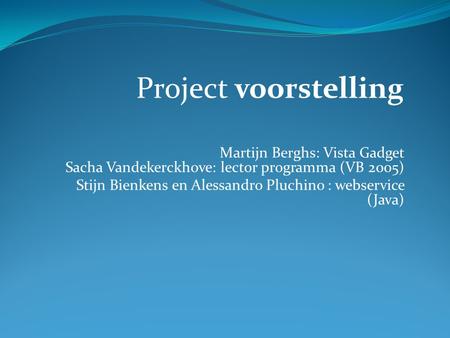 Martijn Berghs: Vista Gadget Sacha Vandekerckhove: lector programma (VB 2005) Stijn Bienkens en Alessandro Pluchino : webservice (Java) Project voorstelling.