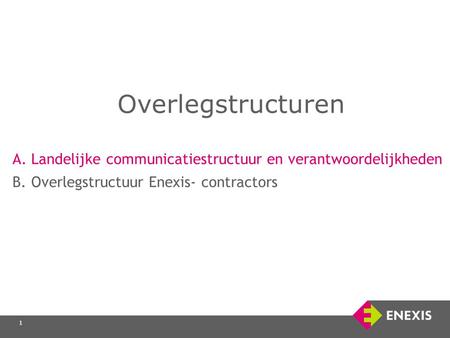 Overlegstructuren A. Landelijke communicatiestructuur en verantwoordelijkheden B. Overlegstructuur Enexis- contractors.