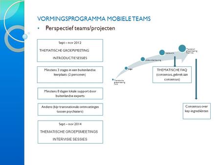 VORMINGSPROGRAMMA MOBIELE TEAMS  Perspectief teams/projecten Sept – nov 2012 THEMATISCHE GROEPSMEETING INTRODUCTIE SESSIES Minstens 3 stages in een buitenlandse.
