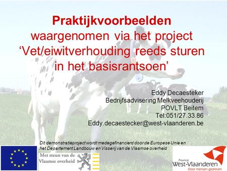 Praktijkvoorbeelden waargenomen via het project ‘Vet/eiwitverhouding reeds sturen in het basisrantsoen’ Eddy Decaesteker Bedrijfsadvisering Melkveehouderij.