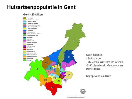 Huisartsenpopulatie in Gent Geen leden in - Zwijnaarde - St.-Denijs-Westrem en Afsnee -St-Kruis-Winkel, Mendonck en Desteldonck Gegegevens via Orde.