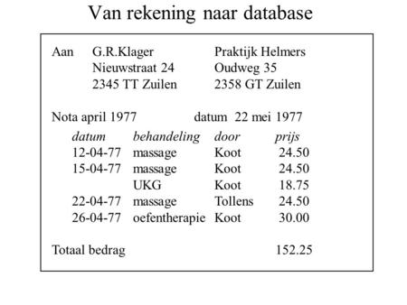 Van rekening naar database AanG.R.KlagerPraktijk Helmers Nieuwstraat 24Oudweg 35 2345 TT Zuilen2358 GT Zuilen Nota april 1977datum 22 mei 1977 datumbehandelingdoorprijs.