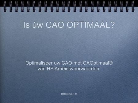 1 Is úw CAO OPTIMAAL? Optimaliseer uw CAO met CAOptimaal® van HS Arbeidsvoorwaarden Optimaliseer uw CAO met CAOptimaal® van HS Arbeidsvoorwaarden Bètaversie.