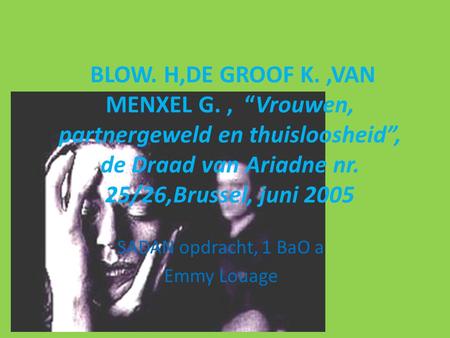 BLOW. H,DE GROOF K.,VAN MENXEL G., “Vrouwen, partnergeweld en thuisloosheid”, de Draad van Ariadne nr. 25/26,Brussel, juni 2005 SADAN opdracht, 1 BaO a.