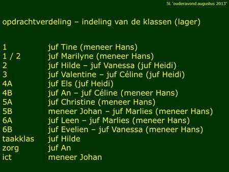 Opdrachtverdeling – indeling van de klassen (lager) 1juf Tine (meneer Hans) 1 / 2juf Marilyne (meneer Hans) 2juf Hilde – juf Vanessa (juf Heidi) 3juf Valentine.