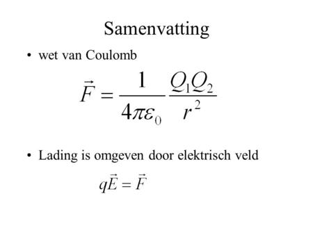 Samenvatting wet van Coulomb Lading is omgeven door elektrisch veld.