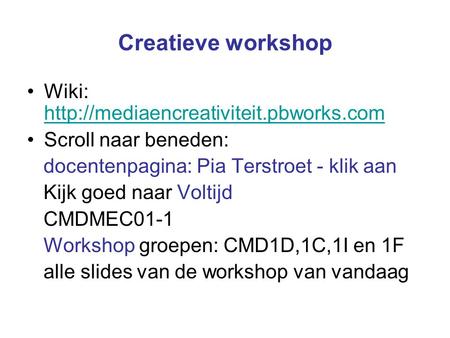 Creatieve workshop Wiki:   Scroll naar beneden: docentenpagina: Pia Terstroet.