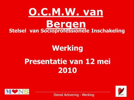 O.C.M.W. van Bergen Stelsel van Socioprofessionele Inschakeling Dienst Activering - Werking Werking Presentatie van 12 mei 2010.