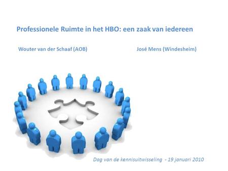 Professionele Ruimte in het HBO: een zaak van iedereen Wouter van der Schaaf (AOB) José Mens (Windesheim) Dag van de kennisuitwisseling - 19 januari 2010.