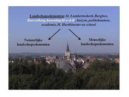 Landschapselementen: St. Lambertuskerk, Bergbos, Beerzelberg, heuveltop H-o-d-B, huizen, politiekantoor, academie, H. Hartklooster en school Menselijke.