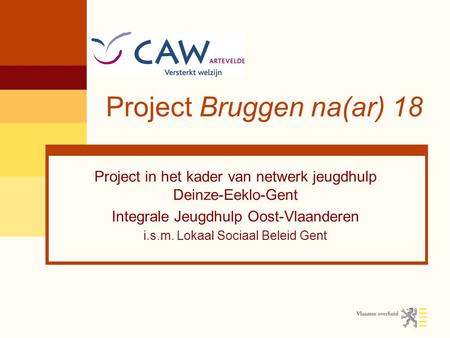 Project Bruggen na(ar) 18 Project in het kader van netwerk jeugdhulp Deinze-Eeklo-Gent Integrale Jeugdhulp Oost-Vlaanderen i.s.m. Lokaal Sociaal Beleid.