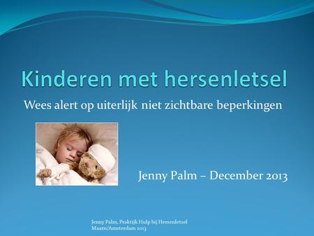 Wees alert op uiterlijk niet zichtbare beperkingen Jenny Palm – December 2013 Jenny Palm, Praktijk Hulp bij Hersenletsel Maarn/Amsterdam 2013.