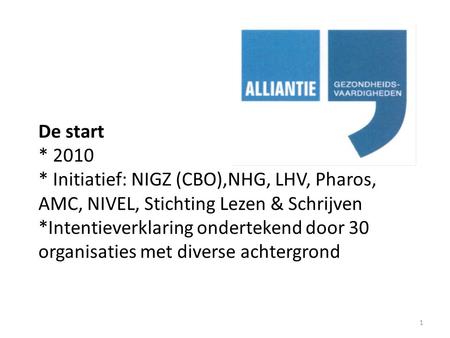 De start * 2010 * Initiatief: NIGZ (CBO),NHG, LHV, Pharos, AMC, NIVEL, Stichting Lezen & Schrijven *Intentieverklaring ondertekend door 30 organisaties.