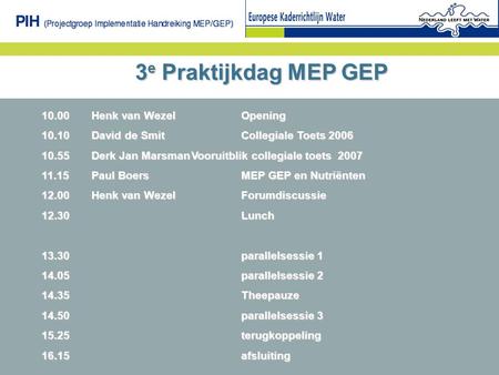 3 e Praktijkdag MEP GEP 10.00 Henk van WezelOpening 10.10 David de SmitCollegiale Toets 2006 10.55 Derk Jan MarsmanVooruitblik collegiale toets 2007 11.15Paul.