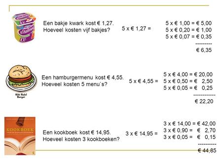 Een bakje kwark kost € 1,27. Hoeveel kosten vijf bakjes? 5 x € 1,27 = 5 x € 1,00 = € 5,00 5 x € 0,20 = € 1,00 5 x € 0,07 = € 0,35 --------- € 6,35 Een.