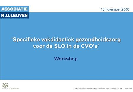 13 november 2008 ‘Specifieke vakdidactiek gezondheidszorg voor de SLO in de CVO’s’ Workshop CVO LimLO Diepenbeek, CVO VTI Brugge, CVO VTI Aalst, CVO.