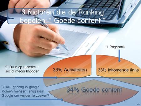 3 factoren die de Google Ranking bepalen 1. Pagerank 3 factoren die de Ranking bepalen: “ Goede content “ 2. Duur op website + social media knoppen 3.