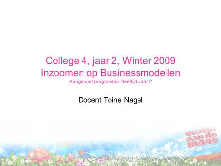 College 4, jaar 2, Winter 2009 Inzoomen op Businessmodellen Aangepast programma Deeltijd Jaar 2 Docent Toine Nagel.