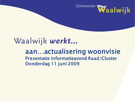 Aan…actualisering woonvisie Presentatie Informatieavond Raad/Cluster Donderdag 11 juni 2009.