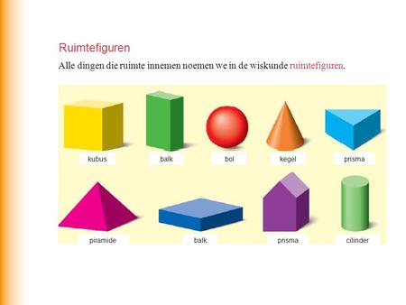 Ruimtefiguren Alle dingen die ruimte innemen noemen we in de wiskunde ruimtefiguren. kubus balk bol kegel prisma piramide balk prisma cilinder.