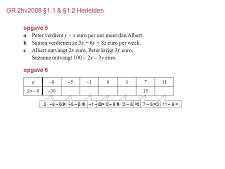 Opgave 6 a–8–5–103711 3a – 6–30–21–9–631527 3 · –8 – 6 =3 · –5 – 6 =3 · –1 – 6 =3 · 0 – 6 =3 · 3 – 6 =3 · 7 – 6 =3 · 11 – 6 = opgave 5 aPeter verdient.