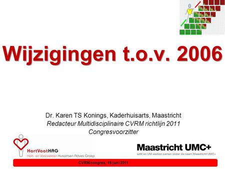 Wijzigingen t.o.v. 2006 Dr. Karen TS Konings, Kaderhuisarts, Maastricht Redacteur Multidisciplinaire CVRM richtlijn 2011 Congresvoorzitter CVRM congres,