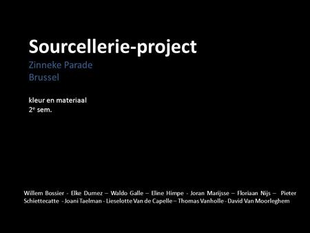 Sourcellerie-project Zinneke Parade Brussel kleur en materiaal 2 e sem. Willem Bossier - Elke Durnez – Waldo Galle – Eline Himpe - Joran Marijsse – Floriaan.