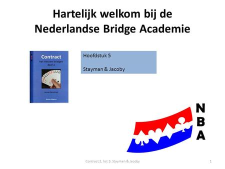 Hartelijk welkom bij de Nederlandse Bridge Academie Hoofdstuk 5 Stayman & Jacoby 1Contract 2, hst 5. Stayman & Jacoby.