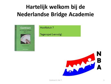 Hartelijk welkom bij de Nederlandse Bridge Academie Hoofdstuk 7 Tegenspel (vervolg) 1Contract 1, hst 7.