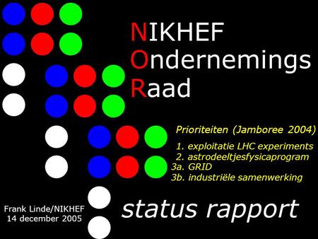 NIKHEF Raad status rapport Ondernemings Frank Linde/NIKHEF 14 december 2005 Prioriteiten (Jamboree 2004) 1. exploitatie LHC experiments 2. astrodeeltjesfysicaprogram.