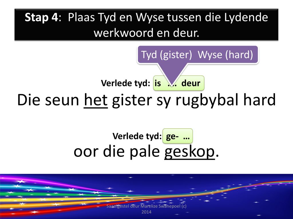 Stap 4: Plaas Tyd en Wyse tussen die Lydende werkwoord en deur.