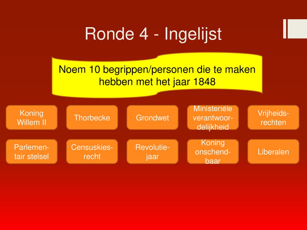 Ronde 4 - Ingelijst Noem 10 begrippen/personen die te maken hebben met het jaar Koning Willem II.